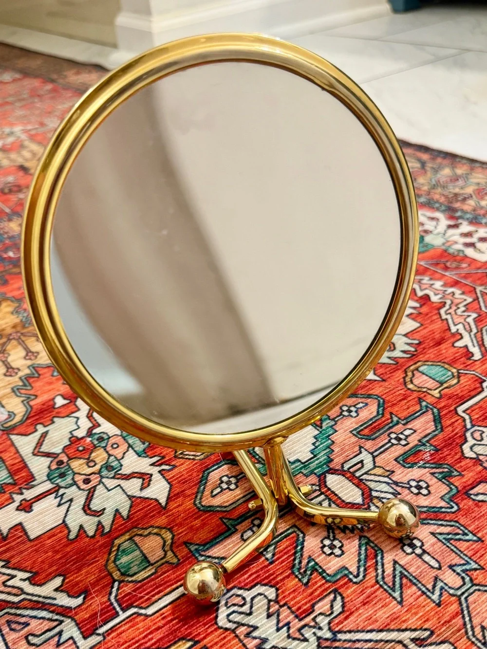 Vintage Brass Round Hand and Tabletop Mirror, Magnifying - Gold